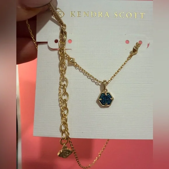 Kendra Scott Gold Necklace with blue Hexagon Pendant - Picture 4 of 5